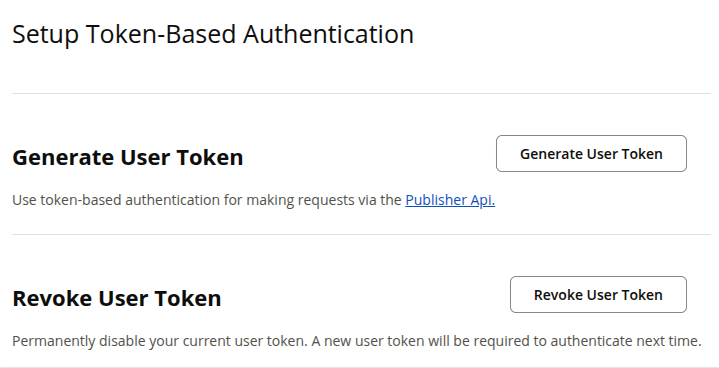 View of the page for Token management